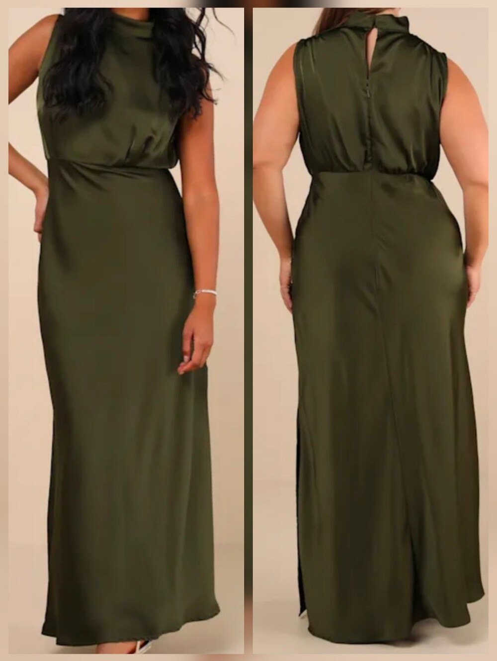 Lulus Classic Elegance Olive Satin Sleeveless Mock Neck Maxi Dress, Large, NWT